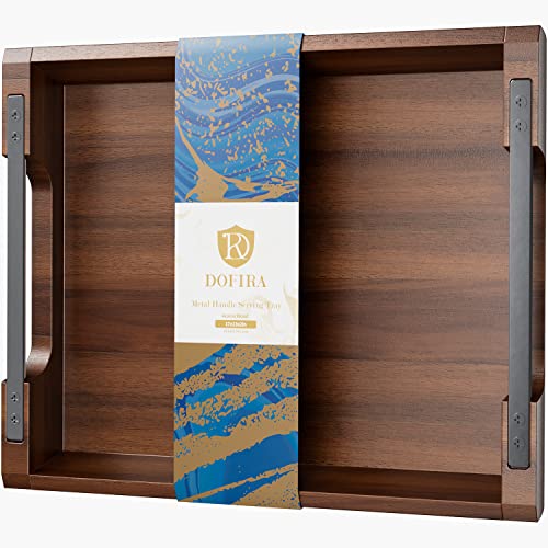 Dofira Acacia Wood Serving Tray with Metal Handles, 17x13in Food Drinks Tray for Coffee Table, Breakfast, Dinner & Bar, Rustic Decorative Storage Tray for Ottoman, Kitchen, Elegent Gift for Mom - Image 1