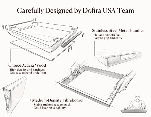 Dofira Acacia Wood Serving Tray with Metal Handles, 17x13in Food Drinks Tray for Coffee Table, Breakfast, Dinner & Bar, Rustic Decorative Storage Tray for Ottoman, Kitchen, Elegent Gift for Mom - Image 3
