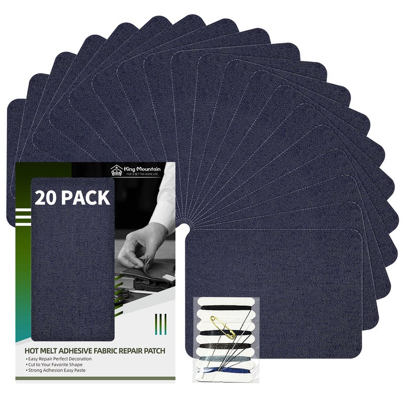 KING MOUNTAIN Iron-on Repair Patch 20 Pcs Pack,Denim Patches for Jeans Kit 3" by 4-1/4",100% Cotton Denim Iron-on Repair Patch, Jeans and Clothing Repair and Decoration Kit (Blue) - Image 1