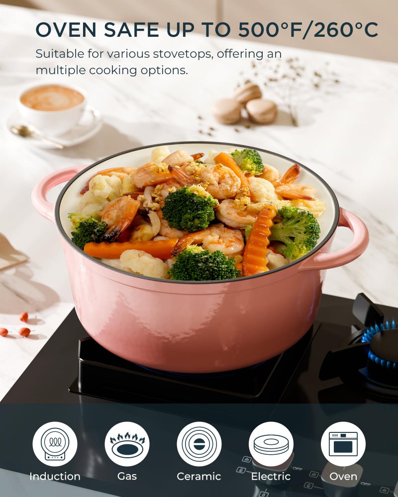 SUNOUTLY Enameled Cast Iron Dutch Oven - 6QT Dutch Oven Pot with Lid & Cotton Potholders - Heavy-Duty Non Stick Casserole Pot for Braising, Stews, Roasting, Baking, Suitable for All Stovetops, Gentle Pink - Image 5