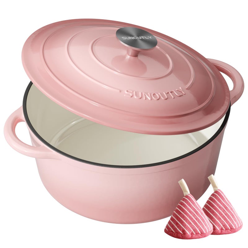 SUNOUTLY Enameled Cast Iron Dutch Oven - 6QT Dutch Oven Pot with Lid & Cotton Potholders - Heavy-Duty Non Stick Casserole Pot for Braising, Stews, Roasting, Baking, Suitable for All Stovetops, Gentle Pink - Image 1
