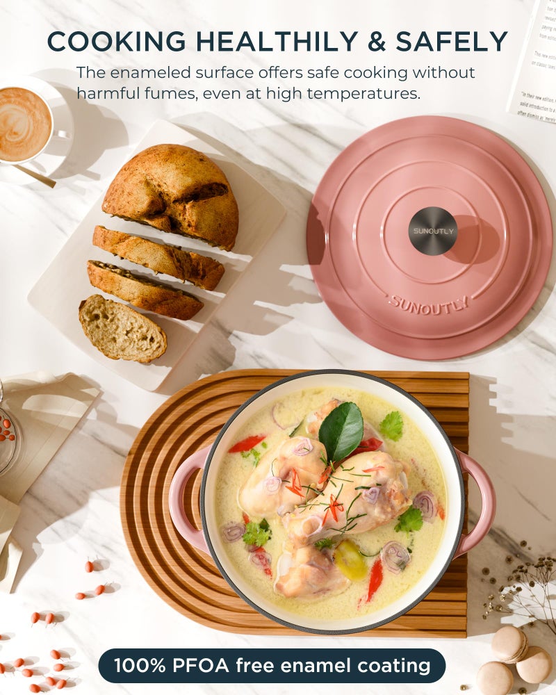 SUNOUTLY Enameled Cast Iron Dutch Oven - 6QT Dutch Oven Pot with Lid & Cotton Potholders - Heavy-Duty Non Stick Casserole Pot for Braising, Stews, Roasting, Baking, Suitable for All Stovetops, Gentle Pink - Image 2
