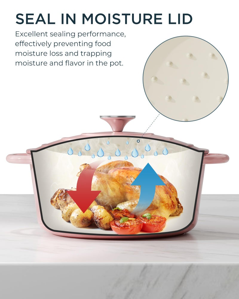 SUNOUTLY Enameled Cast Iron Dutch Oven - 6QT Dutch Oven Pot with Lid & Cotton Potholders - Heavy-Duty Non Stick Casserole Pot for Braising, Stews, Roasting, Baking, Suitable for All Stovetops, Gentle Pink - Image 3