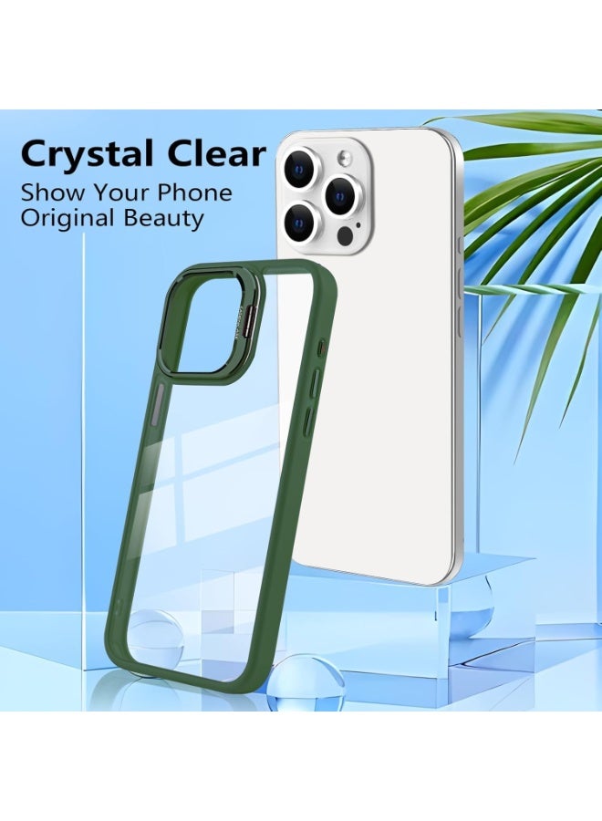 iPhone 16 Pro 6.3-Inch Clear Case with Kickstand, Built-in Camera Ring Stand, with Lens Protector Cover, Shockproof Hard PC Back Soft TPU Frame Slim Case - Green - Image 3