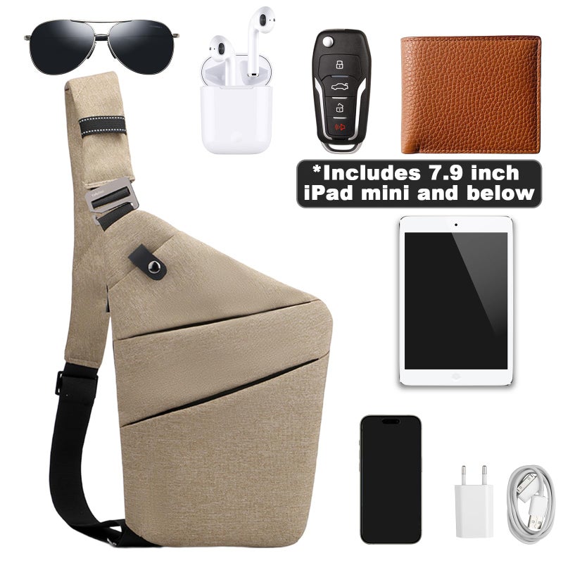 BIRDDIE Anti Theft Travel Bag, One Shoulder Large Capacity Cross-body Bag Chest Fashion Lightweight Sling Bags for Travel Sports (Left Shoulder, Khaki) - Image 4