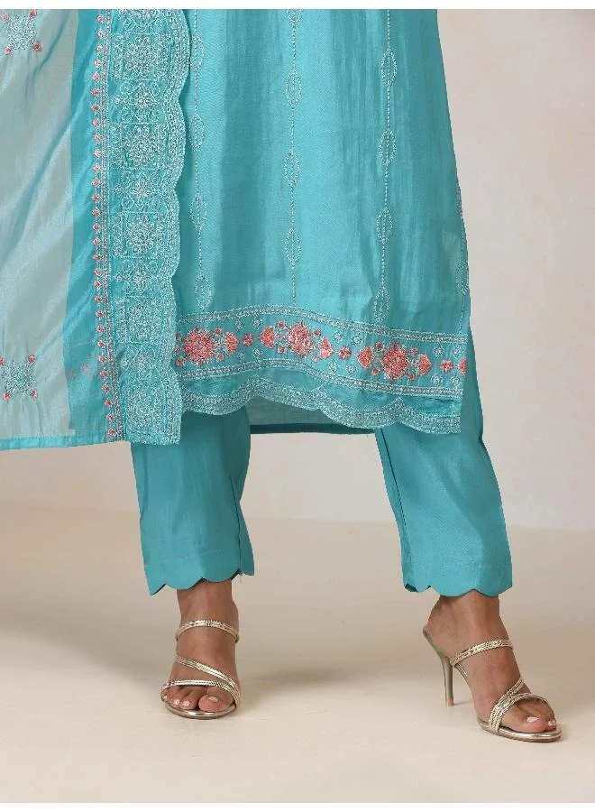 trueBrowns trueBrowns Blue Embroidered Kurta Pant Dupatta Set