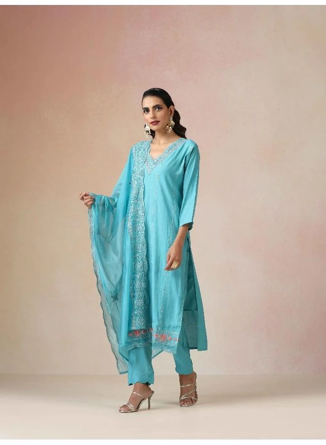 trueBrowns trueBrowns Blue Embroidered Kurta Pant Dupatta Set