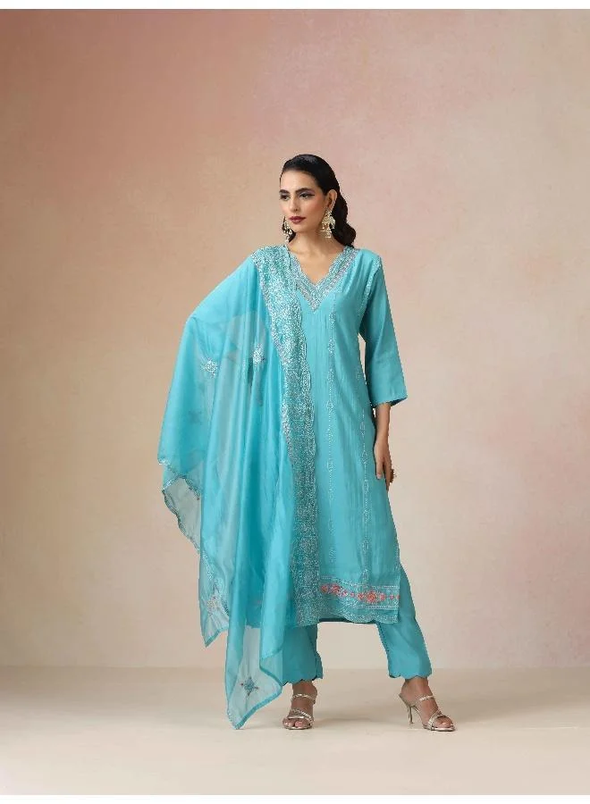 trueBrowns trueBrowns Blue Embroidered Kurta Pant Dupatta Set