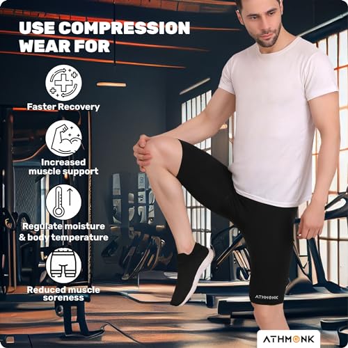 Athmonk 4-Way Lycra Compression Shorts for Men | Tight Skin Fit, Non Padded | Cycling Running Workout Gym Cricket Football Sports | Tummy Tuck Recovery Muscle Support | Quick Dry Anti-Chafe (Black,L) - Image 2