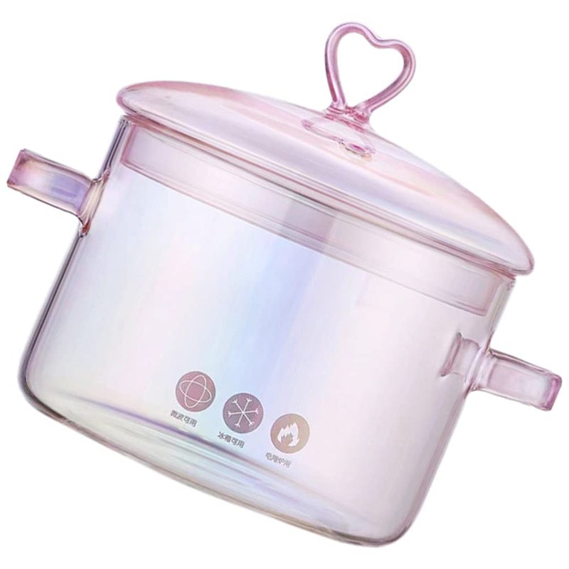 Vaguelly Pink Glass Cooking Pot with Lid, 1.5L Clear Glass Simmer Pot for Stovetop, Double-Handle Soup for Milk, Pasta, Noodles, and Baby Food, Heat-Resistant Cookware for Home Use - Image 1