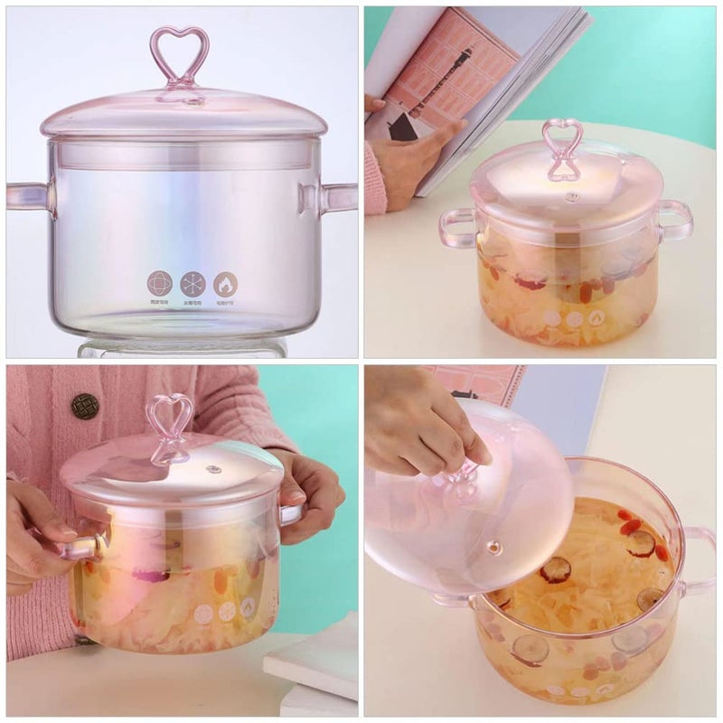 Vaguelly Pink Glass Cooking Pot with Lid, 1.5L Clear Glass Simmer Pot for Stovetop, Double-Handle Soup for Milk, Pasta, Noodles, and Baby Food, Heat-Resistant Cookware for Home Use - Image 4