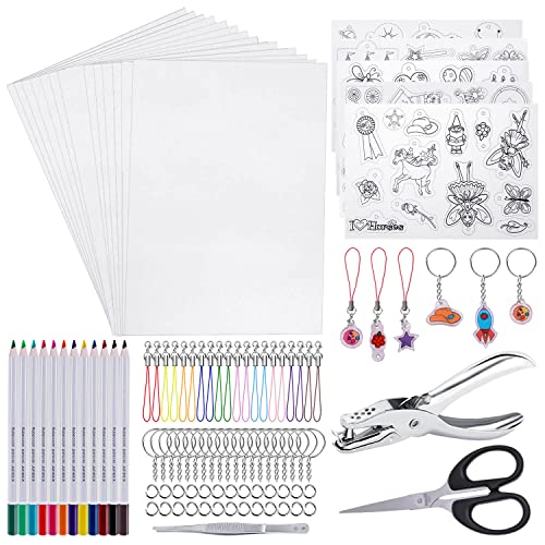 shynek Shrinky Film Sheets for Shrink Art 125Pcs Shrinky Plastic Keychain Kit Including 20 Pcs Shrinky Paper Hole Punch Pencils Keychains Tweezers Scissors for Crafts and Keychains - Image 1