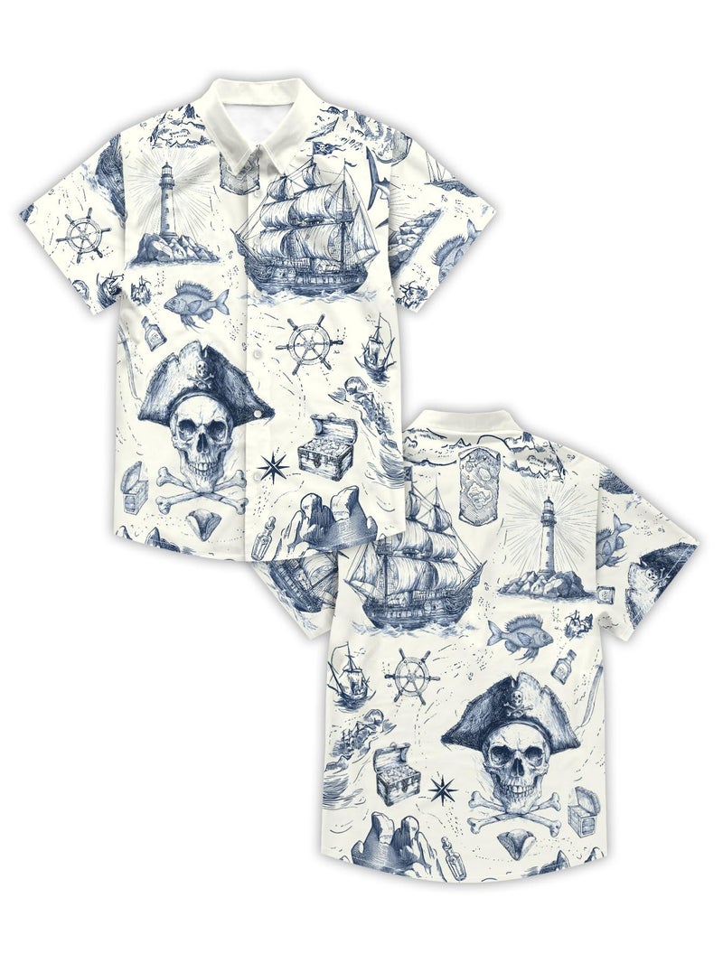 DFZ Men's Pirate Button Down Shirt Nautical Cruise Hawaiian Short Sleeve Shirt Pirate Night Outfits for Tropical Beach Party Blue - Image 5