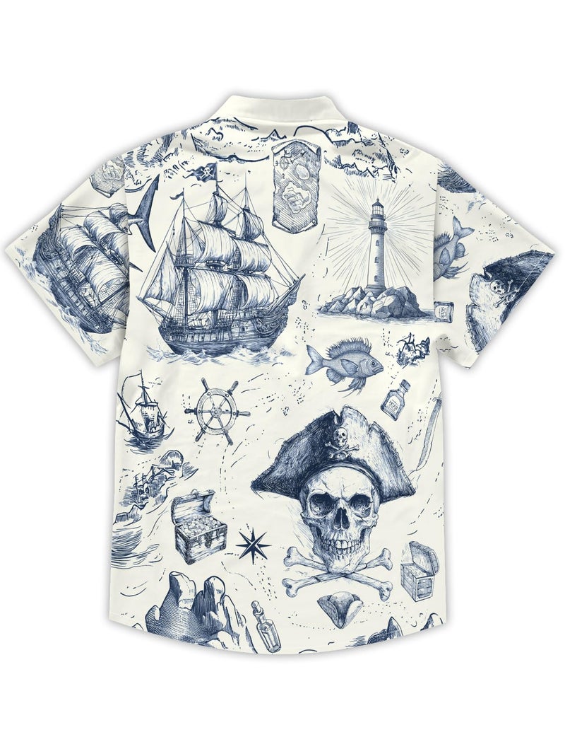 DFZ Men's Pirate Button Down Shirt Nautical Cruise Hawaiian Short Sleeve Shirt Pirate Night Outfits for Tropical Beach Party Blue - Image 4