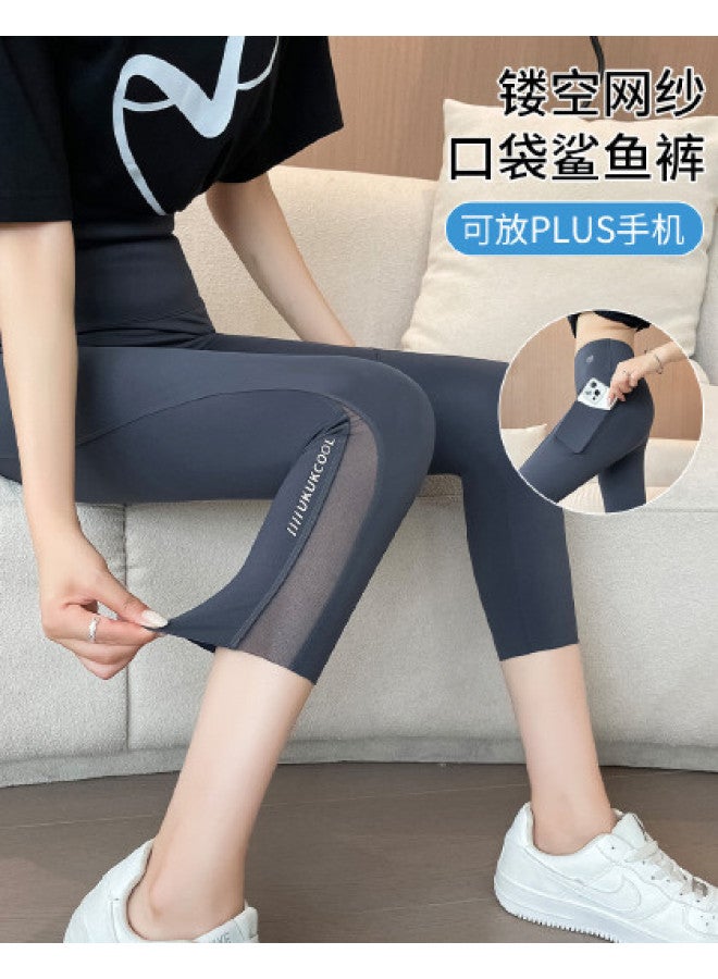 Modal Pocket Mesh 7/8 Shark Leggings For Petite Women, High-Waisted Tummy Control Lifting Yoga Sports Barbie Leggings - Image 1