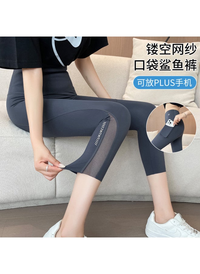 Modal Pocket Mesh 7/8 Shark Leggings For Petite Women, High-Waisted Tummy Control Lifting Yoga Sports Barbie Leggings - Image 2