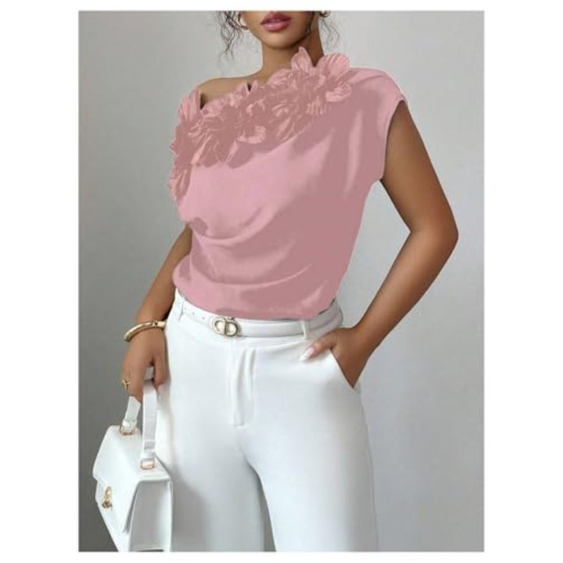 OYOANGLE Women's 3D Floral Off The Shoulder Cap Sleeve Blouse Casual Elegant Cocktail Dressy Tops Shirt - Image 2