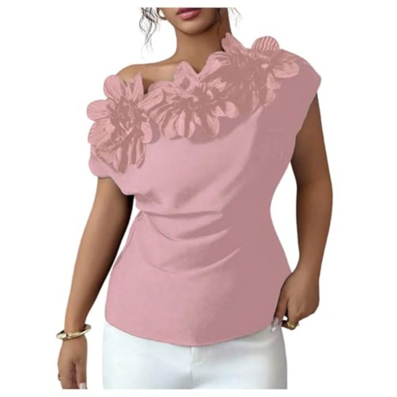 OYOANGLE Women's 3D Floral Off The Shoulder Cap Sleeve Blouse Casual Elegant Cocktail Dressy Tops Shirt - Image 1