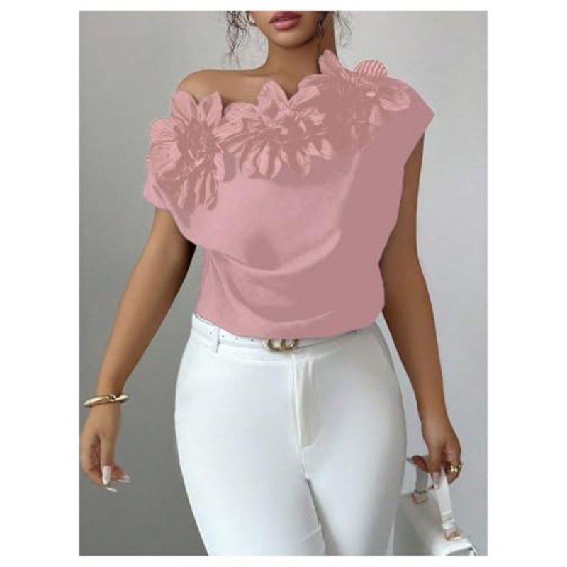 OYOANGLE Women's 3D Floral Off The Shoulder Cap Sleeve Blouse Casual Elegant Cocktail Dressy Tops Shirt - Image 4
