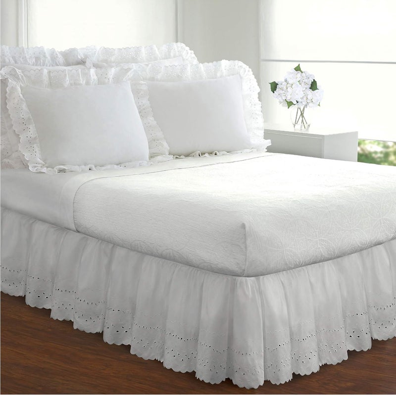 Ideas Ruffled Eyelet Bed Skirt Dust Ruffle with Gathered Styling and Embroidered Details, 18" Drop Length, King, White - Image 2