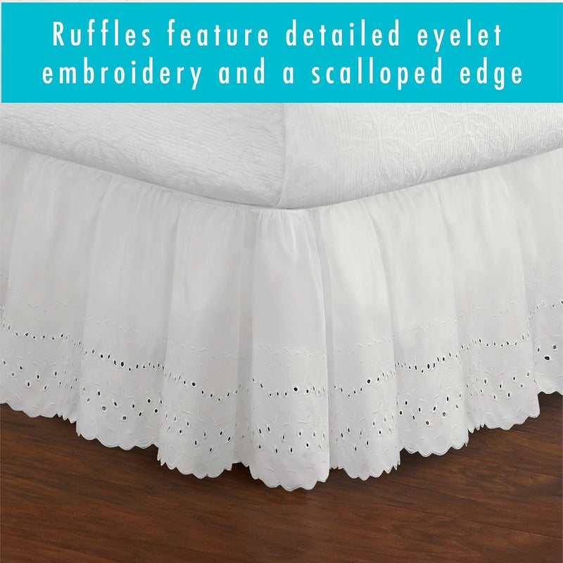 Ideas Ruffled Eyelet Bed Skirt Dust Ruffle with Gathered Styling and Embroidered Details, 18" Drop Length, King, White - Image 4