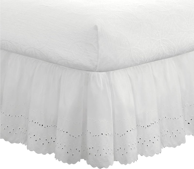 Ideas Ruffled Eyelet Bed Skirt Dust Ruffle with Gathered Styling and Embroidered Details, 18" Drop Length, King, White - Image 1