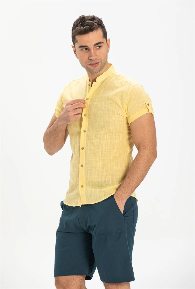 اليش شيل بيزي Short Sleeve Şile Cloth Bodrum Men's Shirt Yellow 3073