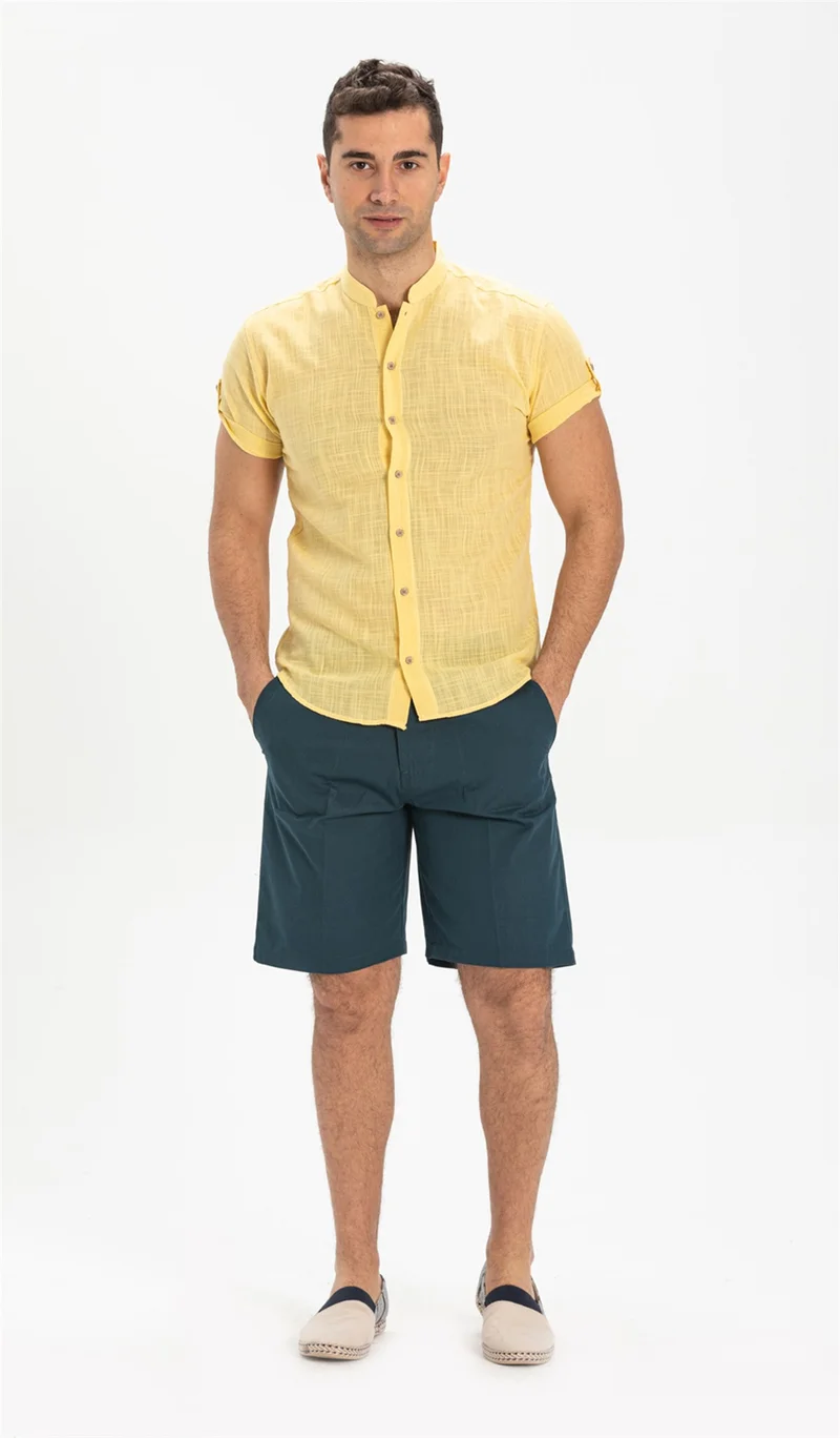 اليش شيل بيزي Short Sleeve Şile Cloth Bodrum Men's Shirt Yellow 3073