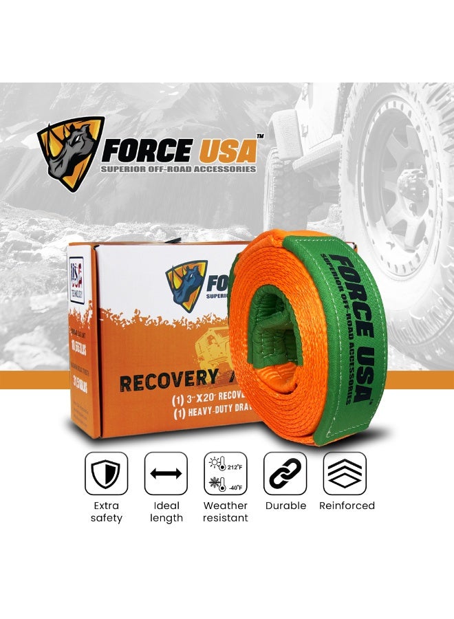 FORCE USA حزام سحب للطرق الوعرة - ملحق قوي لسحب المركبات لـ 4x4، SUV، شاحنة، رمل، طين وثلج، مدمج، محمول، حزام معزز لسحب موثوق (برتقالي، 6 متر) - Image 2