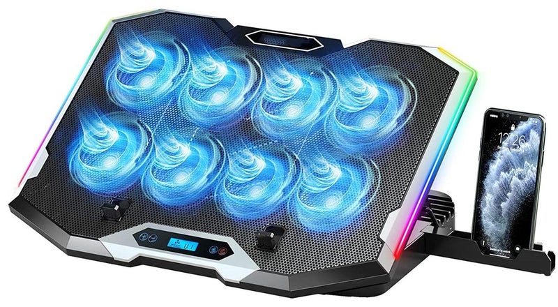 Gaming Laptop Cooling Pad with 8 Cooling Fans, Laptop Fan Cooling Pad for Laptop ,RGB Laptop Cooler Stand with 6 Height Adjustable, Two USB Port, Phone Stand - Image 1