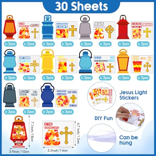 Resholder 30 Sets Christian Crafts Jesus Is The Lights Stickers Bulk Bible Verse Religious VBS Craft for Kids Cross Ornaments DIY Oil Lamp Card Kit for Summer Classroom Home Sunday School Party Favors - Image 5