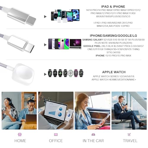 Verilux® 3 in 2 PD 60W Type C Cable Fast Charging, 5.9FT Watch Charger Cable for iPhone Wireless Magnetic Charging Cable for iWatch, USB/C to C, Light-ning, Magnetic Wireless Pad for iWatch Series - Image 2