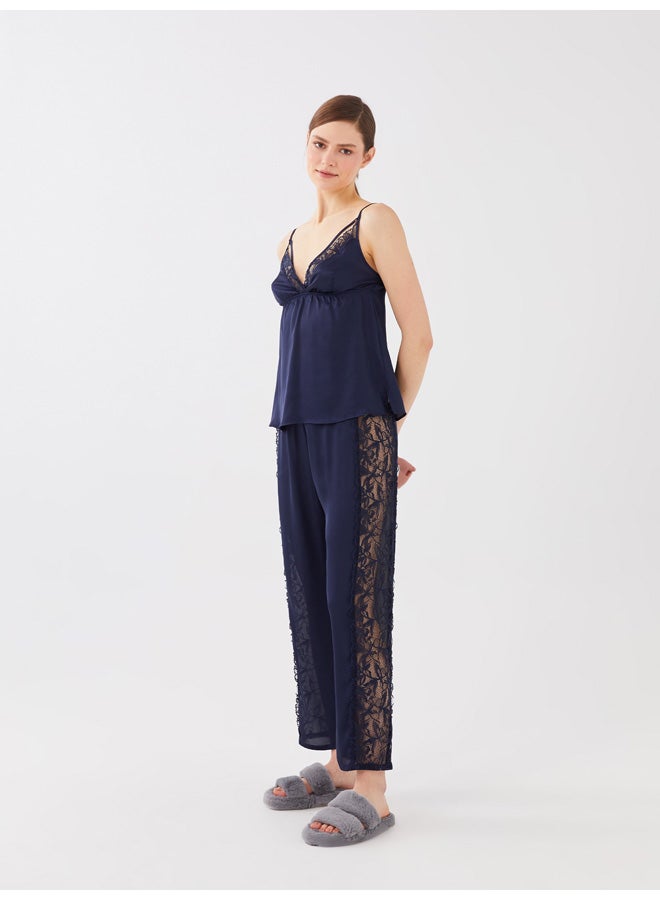 LC WAIKIKI V-Neck Lace Detailed Strap Satin Women's Pajamas Set  - Image 1