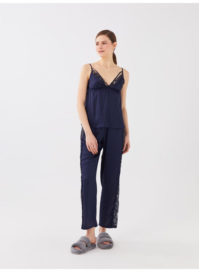 LC WAIKIKI V-Neck Lace Detailed Strap Satin Women's Pajamas Set  - Image 2