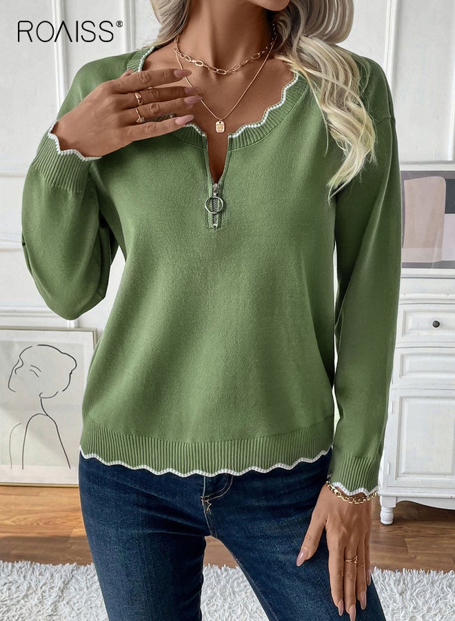 رويس سترة نسائية بأكمام طويلة، كارديجان أبيض بسحاب وحواف، سترة محبوكة من الفيسكوز قابلة للتهوية بفتحة رقبة غير متماثلة، مناسبة للتنقل اليومي، باللون الأخضر - Image 1