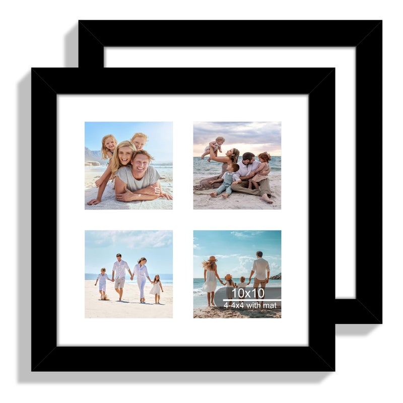 Hongkee 10x10 Picture Frame Set of 2, Real Glass and Black Collage Frame, Display Pictures Four Opening 4x4 With Mat or 10 x 10 Without Mat for Wall Hanging or Tabletop - Image 1