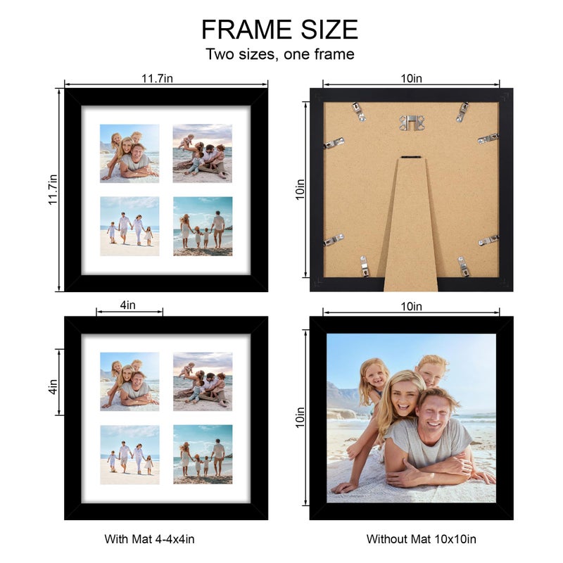 Hongkee 10x10 Picture Frame Set of 2, Real Glass and Black Collage Frame, Display Pictures Four Opening 4x4 With Mat or 10 x 10 Without Mat for Wall Hanging or Tabletop - Image 2