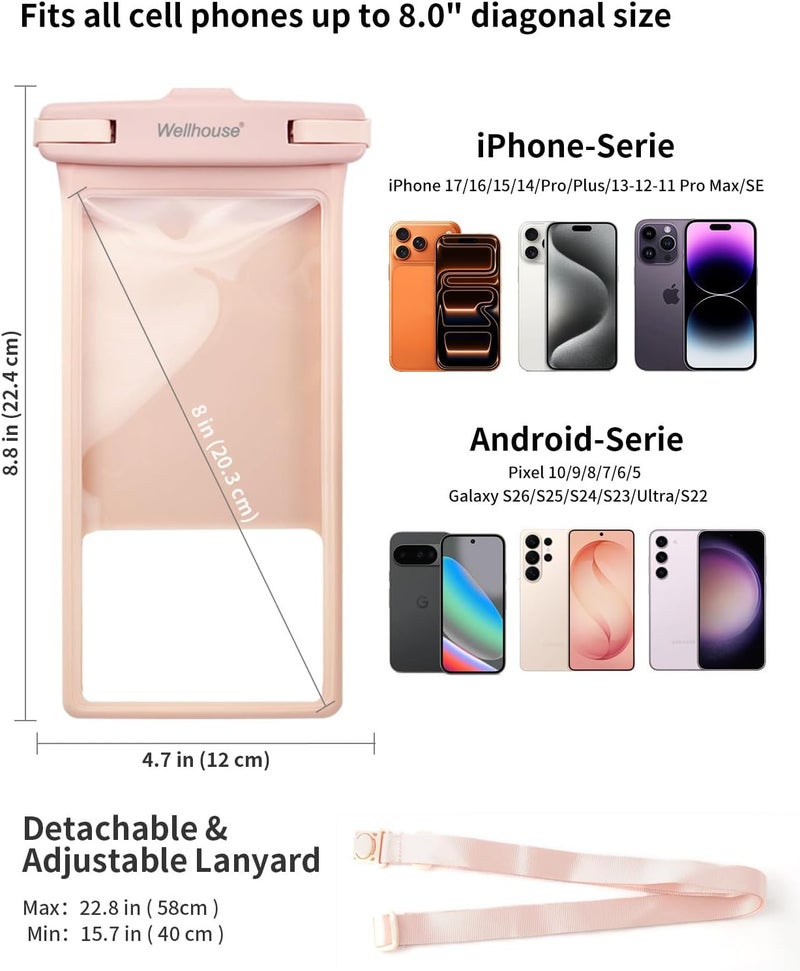 Wellhouse Waterproof Phone Pouch, Waterproof Phone Case for iPhone 16 15 14 13 12 Pro Max XS Samsung, IPX8 3D Cellphone Dry Bag Beach Essentials (1 Pack - Pink8.0, 8 inch) - Image 4
