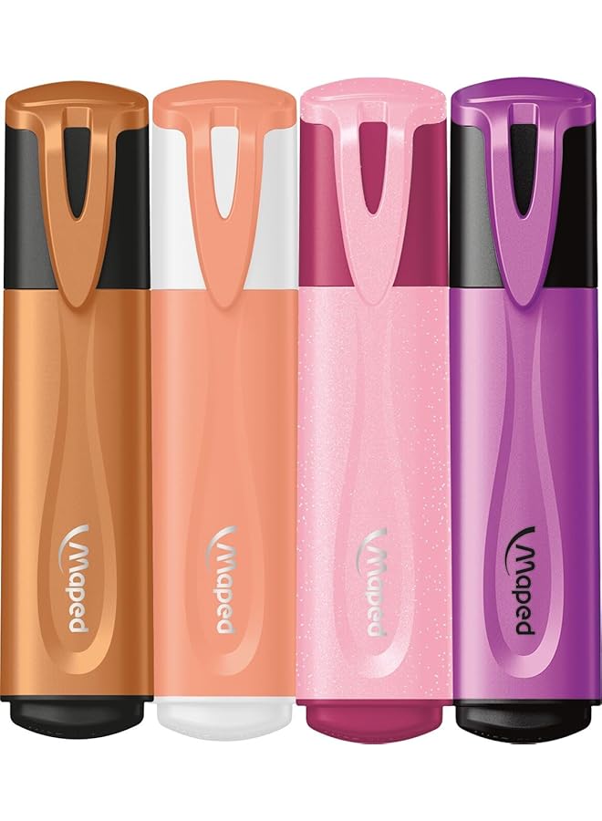 Maped 4 Fluo'Peps Highlighters Bevelled Tip Long Lasting Highlighters School And Professional Use Pastel Fluorescent And Glitter Ink Sunset Theme Pink Purple - Image 2