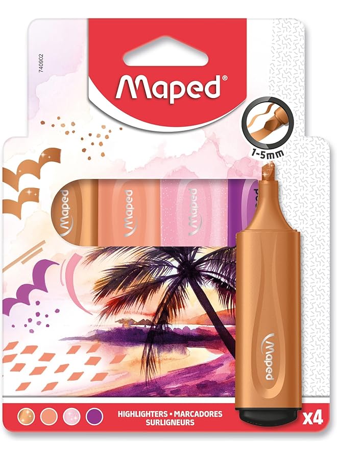 Maped 4 Fluo'Peps Highlighters Bevelled Tip Long Lasting Highlighters School And Professional Use Pastel Fluorescent And Glitter Ink Sunset Theme Pink Purple - Image 1