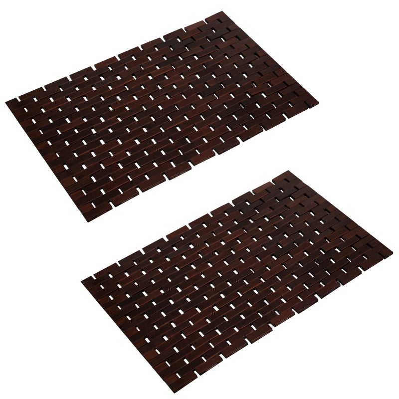 Bamboo Bath Mat Bathroom Rugs Floor Wood Shower Bathtub Waterproof Non Slip Brown Accessories 16x24 Inch Easy to Clean 2 pcs