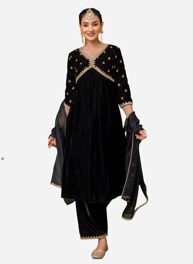 KASYA Black Velvet Embroidered Kurta with Pants and Dupatta Set