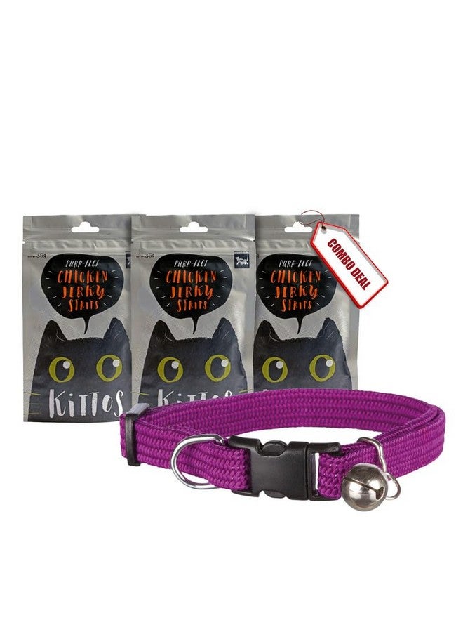 Trixie Adjustable Elastic Cat Collar With Bell (Color May Vary) - 1 Pc And Kittos Protein Rich Chicken Jerky Strips Tasty Treats For All Cat Breeds - 3 Pcs - Image 1
