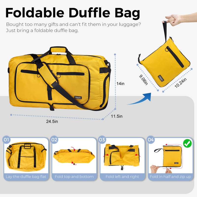 Fmeida 65L Duffle Bag with Shoes Compartment, Foldable Travel Duffel Bags for Men Women, Large Packable Travel Bag Water Repellent & Tear Resistant (Yellow) - Image 3