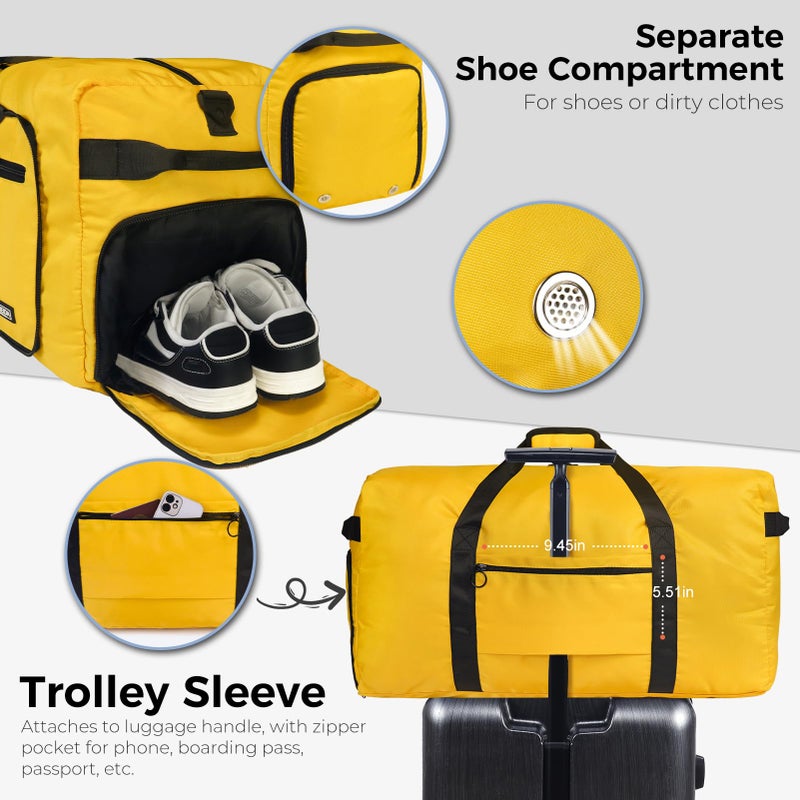 Fmeida 65L Duffle Bag with Shoes Compartment, Foldable Travel Duffel Bags for Men Women, Large Packable Travel Bag Water Repellent & Tear Resistant (Yellow) - Image 5