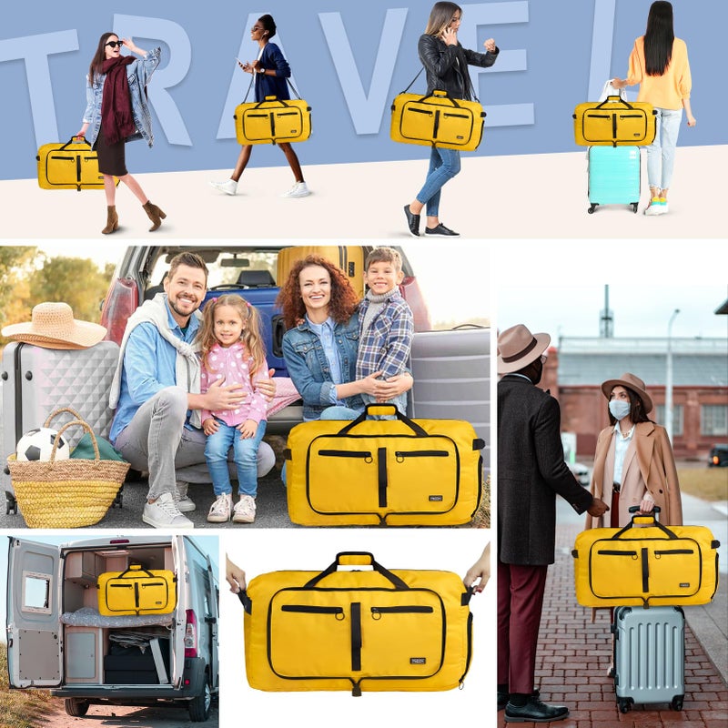 Fmeida 65L Duffle Bag with Shoes Compartment, Foldable Travel Duffel Bags for Men Women, Large Packable Travel Bag Water Repellent & Tear Resistant (Yellow) - Image 2