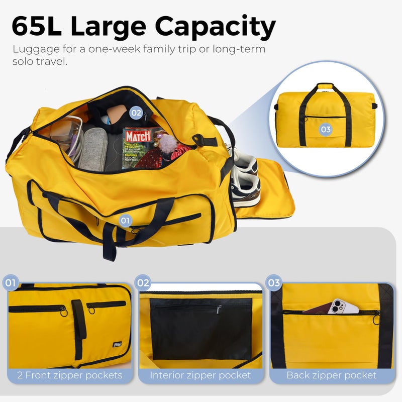 Fmeida 65L Duffle Bag with Shoes Compartment, Foldable Travel Duffel Bags for Men Women, Large Packable Travel Bag Water Repellent & Tear Resistant (Yellow) - Image 4