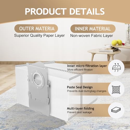 Rinakou 12 Pack Dust Bags Compatible With ECOVACS DEEBOT T50 Series,T50 PRO/T50 MAX/X8 PRO OMni X9 PRO Omni T80 Omni,Vacuum Cleaner, Vacuum Replacement Bags, Large Capacity Dirt Disposable Vacuum Bags. - Image 3