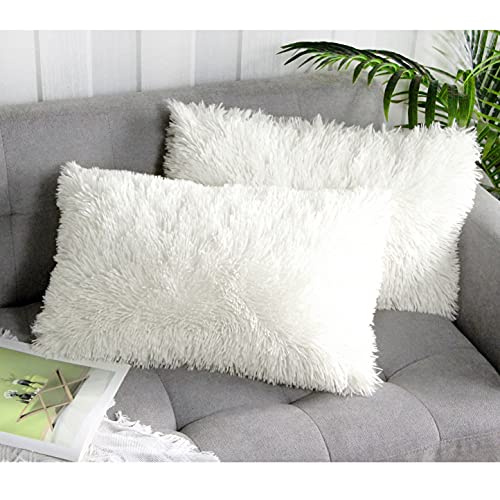 Uhomy 2 Packs Fluffy Accent Pillows Cover 20"x12", Soft Cream White Faux Fur Throw Pillow Case, Modern Luxury Decorative Square Cushion Cover for Farmhouse Home Decor for Sofa/Bed/Chair, 50x30cm - Image 1