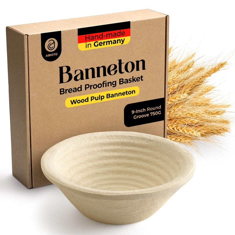 ABIOTO 9" Round Wood Pulp Banneton Bread Proofing Basket - 1.5LB Brotform, Grooved Pattern - Non-Stick Natural Wood Pulp Pressed for Durability - Made in Germany Proofing Baskets for Sourdough Bread Baking - Image 1